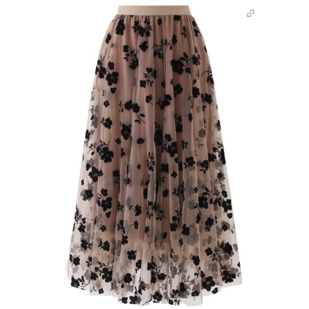Chicwish Tan Black Floral Mesh Midi Skirt Flocked A-Line Elastic Waist S-M